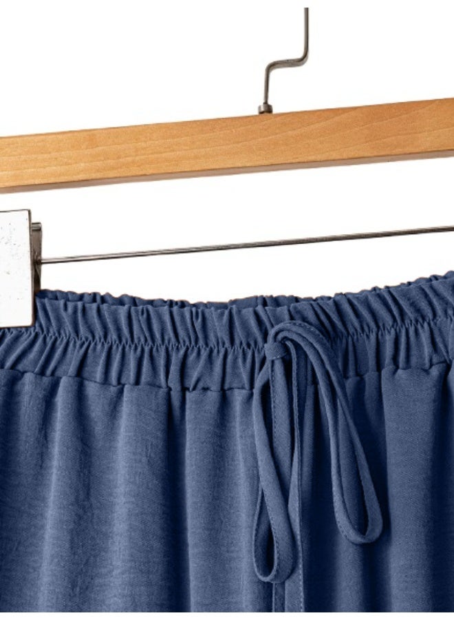 بنطلون نسائي واسع الساقين، بخصر مطاطي ورباط، مقاس حر، مناسب للارتداء اليومي. - Image 3